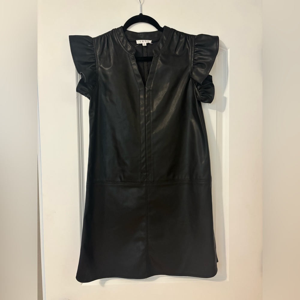 THML Faux Leather Black Dress with Ruffle Sleeves